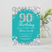 90th Birthday Invitation Teal and Silver Diamond (Standing Front)