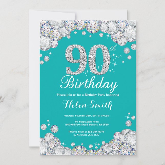 90th Birthday Invitation Teal and Silver Diamond (Front)