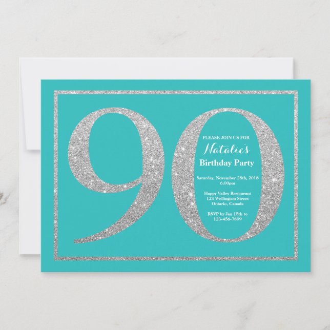 90th Birthday Invitation Teal and Silver Glitter (Front)