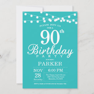 90th Birthday Invitation Teal Aqua Turquoise