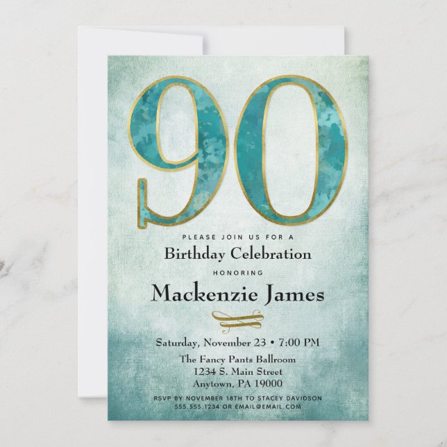 90th Birthday Invitation Turquoise Blue Gold Adult (Front)
