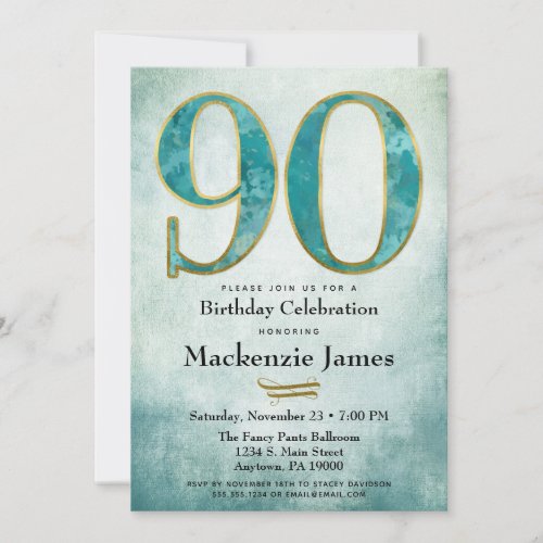90th Birthday Invitation Turquoise Blue Gold Adult