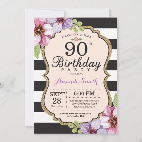 90th Birthday Invitation Women Floral Gold Black