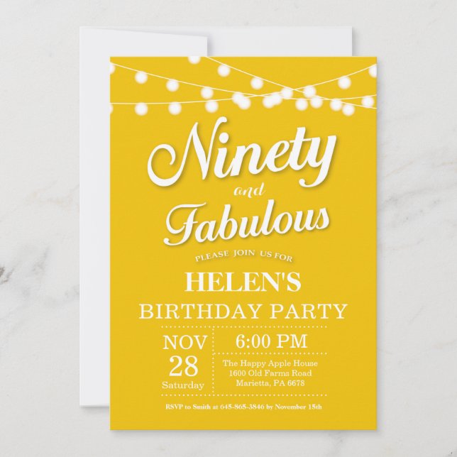 90th Birthday Invitation Yellow Fabulous (Front)