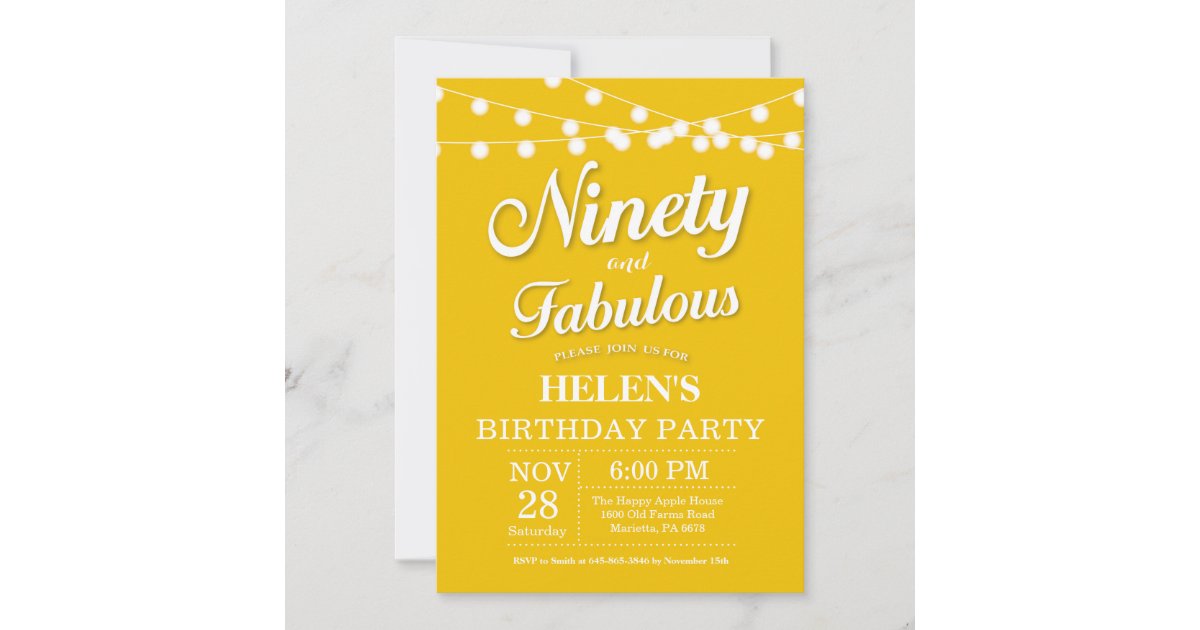 90th Birthday Invitation Yellow Fabulous | Zazzle