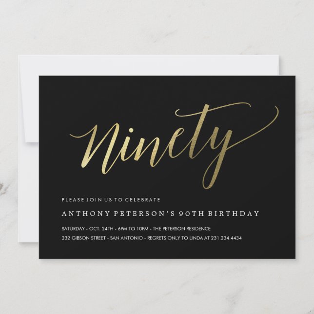 90th Birthday Invitations -  Formal Faux Gold (Front)