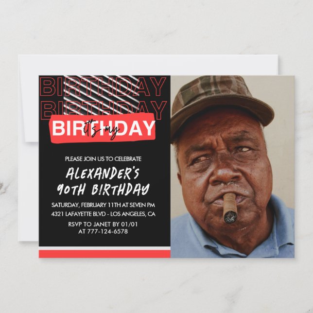 90th birthday invitations Men Party Photo Red  (Front)