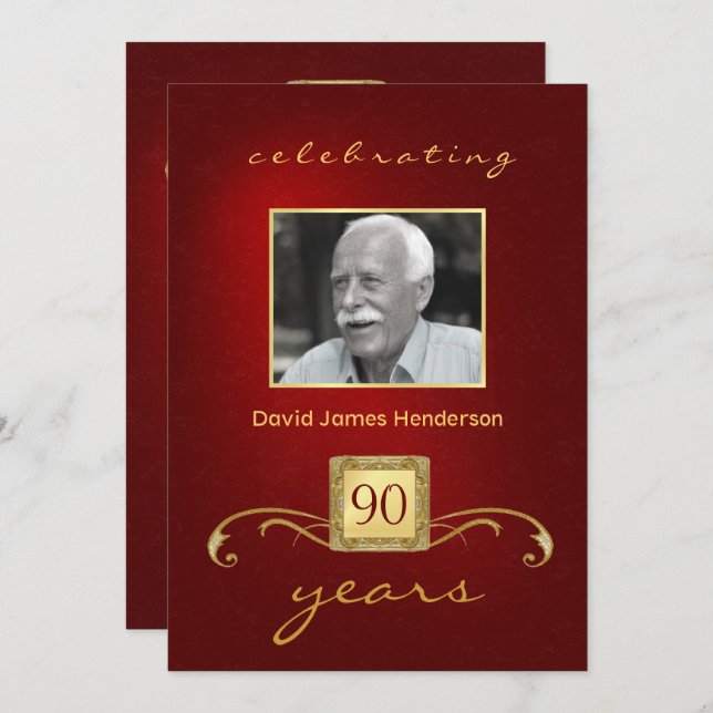 90th Birthday Invitations - Monogram Red & Gold (Front/Back)