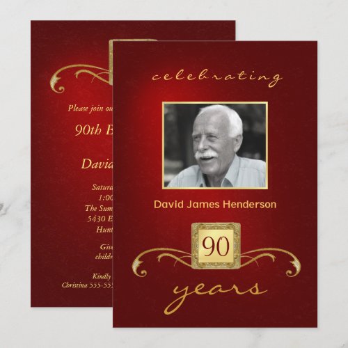 90th Birthday Invitations - Monogram Red &amp; Gold