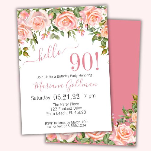 90th Birthday Invitations Pink Floral Modern Party