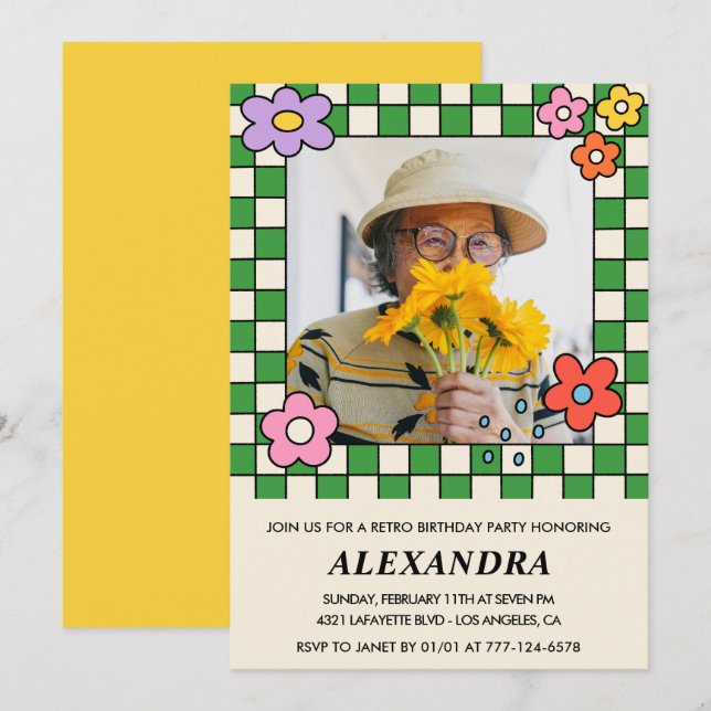 90th birthday invitations Retro Groovy Flowers (Front/Back)