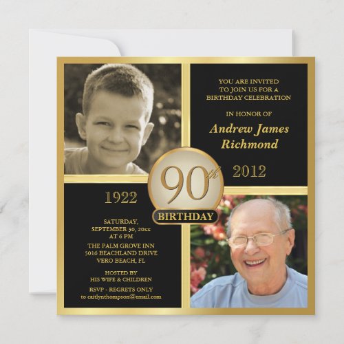 90th Birthday Invitations Then  Now 2 Photos