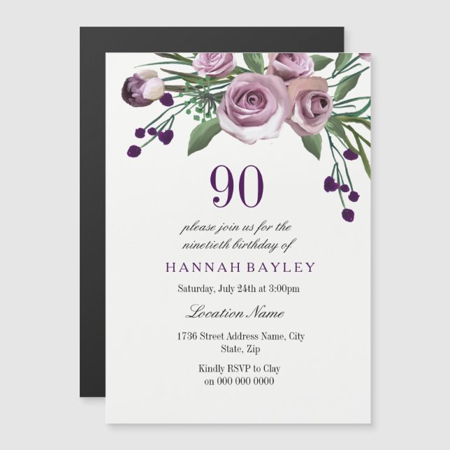90th Birthday Invite:  Elegant Plum Purple Rose Magnetic Invitation (Front/Back)