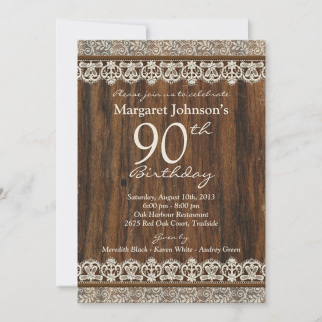 90th Birthday Invite | Vintage Rustic Wood Lace (Front)