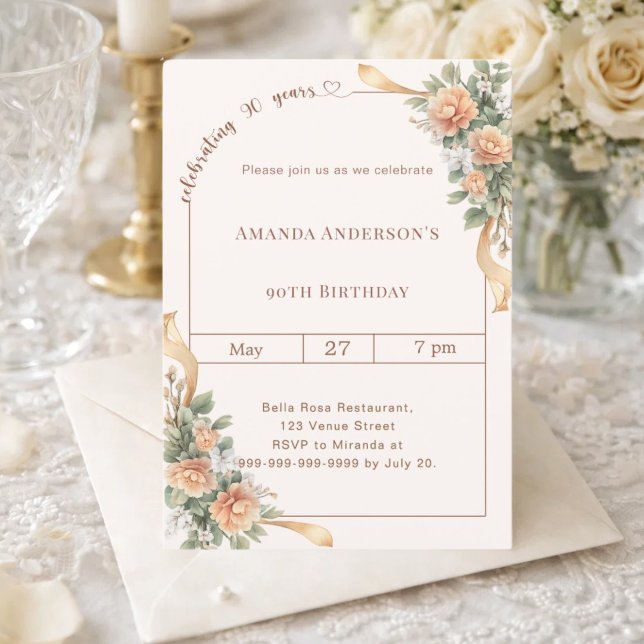 90th birthday ivory cream florals ribbon invitation (Creator Uploaded)