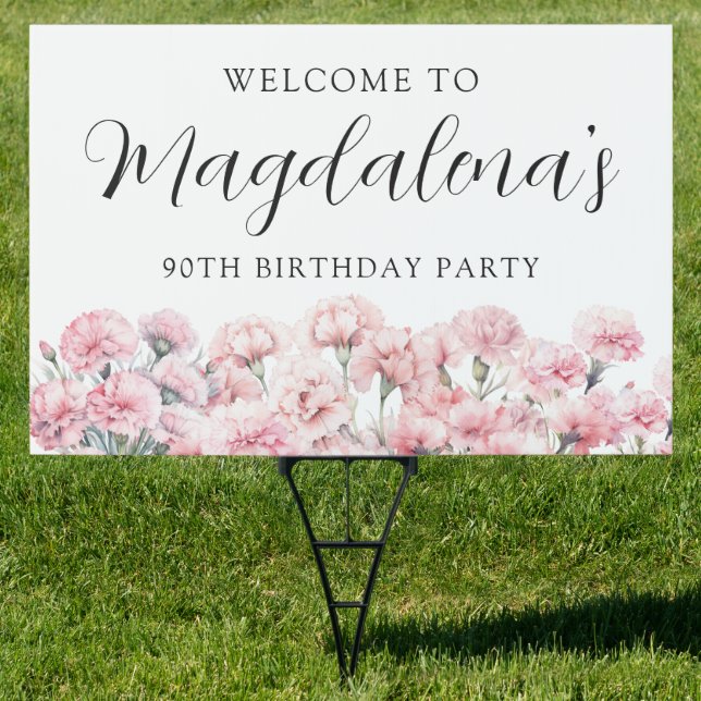 90th Birthday January Birth Flower Carnation Yard Sign (Insitu)
