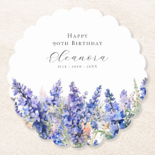 90th Birthday July Birth Flower Larkspur Custom Paper Coaster