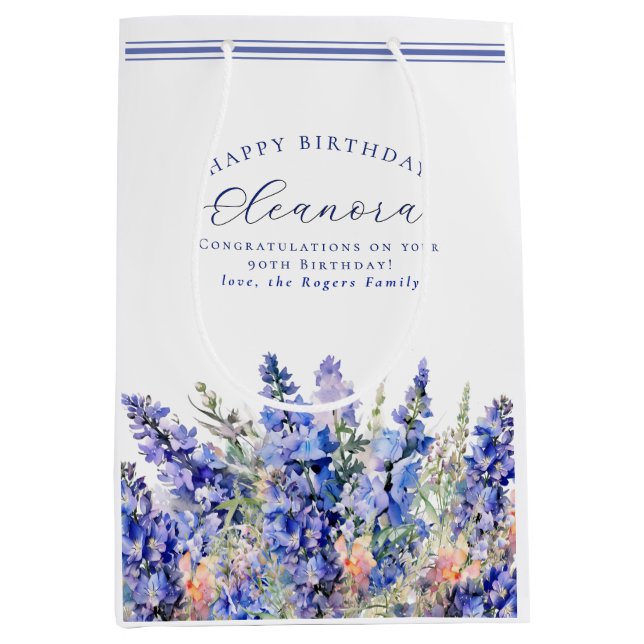 90th Birthday July Birth Month Flower Blue Medium Gift Bag (Front)