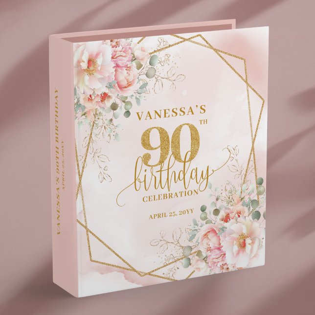 90th Birthday Keepsake Album Blush Pink Flowers  3 Ring Binder (90th Birthday Keepsake Album Blush Pink Flowers Gold

)
