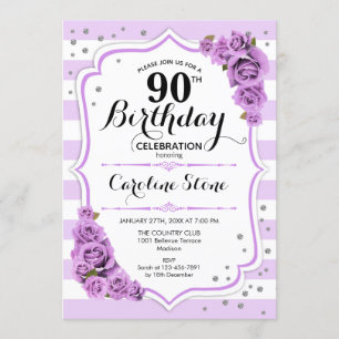 90th Birthday - Lavender White Purple Flowers Invitation