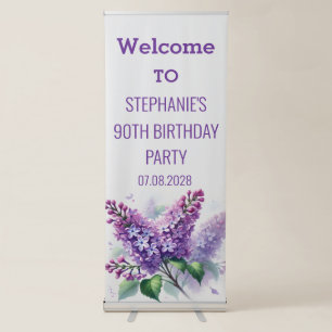 90th Birthday Lilac Purple Flowers Floral Elegant Retractable Banner