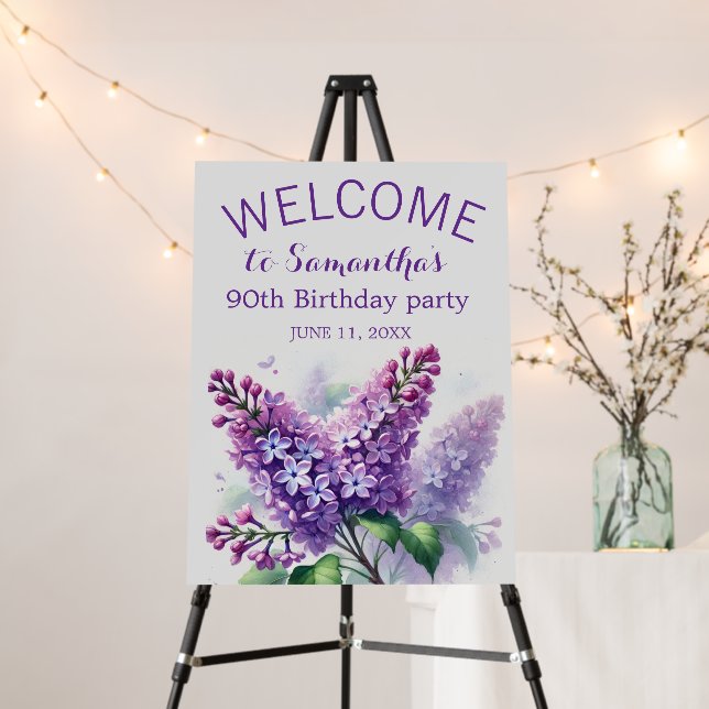 90th Birthday Lilac Purple Flowers Welcome Sign  (In Situ (Stand))