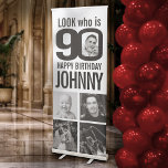 90th birthday look 90 custom photos name mono retractable banner<br><div class="desc">Look who is 90 custom photo and name 90th birthday party banner. Fun look 90 personalized photo ninetieth birthday graphic banner in a simple black on white strong graphic design. Personalize with a photograph of the birthday boys or girls face in the middle of the number 0 and four other...</div>
