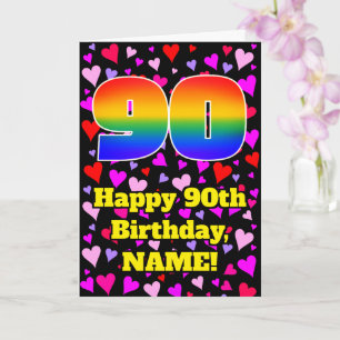 90th Birthday: Loving Hearts Pattern, Rainbow # 90 Card