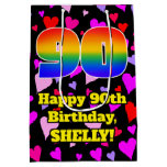 [ Thumbnail: 90th Birthday: Loving Hearts Pattern, Rainbow # 90 Gift Bag ]