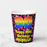 [ Thumbnail: 90th Birthday: Loving Hearts Pattern, Rainbow 90 Paper Cups ]