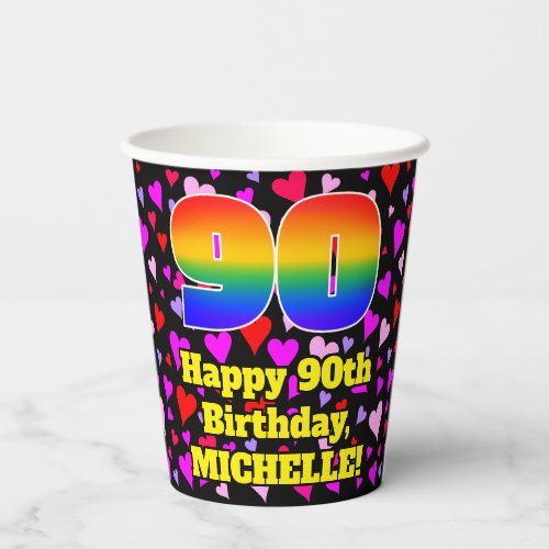 90th Birthday Loving Hearts Pattern Rainbow 90 Paper Cups