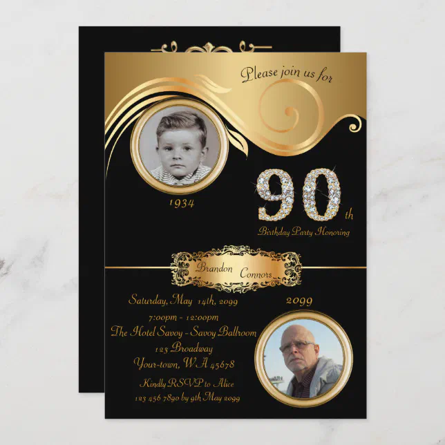90th,Birthday Man 90th,elegant art deco,black gold Invitation | Zazzle