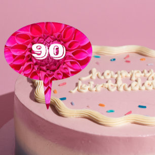 90th Birthday Milestone Pink Dahlia Floral Cake Topper