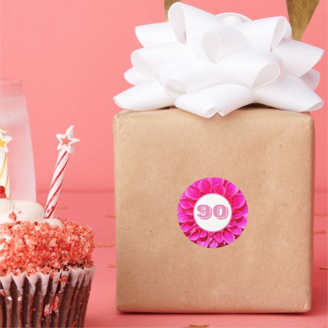 90th Birthday Milestone Pink Dahlia Floral Classic Round Sticker (Party)