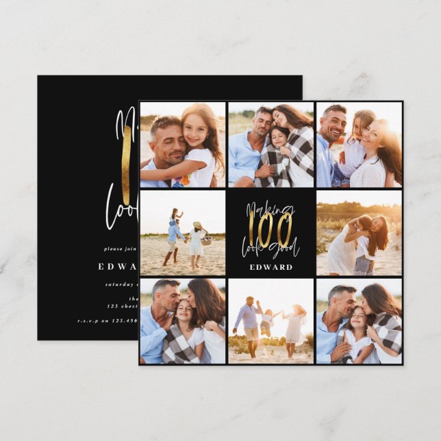 90th birthday modern black and gold photo collage (Front/Back)