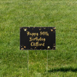 90th Birthday Modern Black and Gold Stars Sign<br><div class="desc">Utilize this yard sign to recognize and celebrate a 90th birthday or use as directional and/or welcome signs to the party. Personalize with a HAPPY # BIRTHDAY Name message or other message as all text is editable. The design is duplicated on the back. Black and gold stars theme is universal...</div>