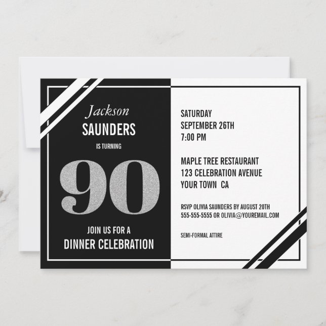 90th Birthday Modern Black and White Dinner Party Invitation (Front)