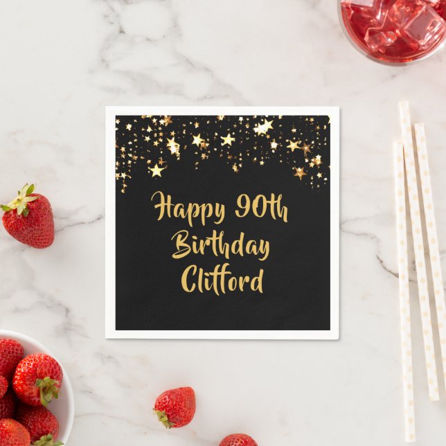 90th Birthday Modern Black Gold Stars Name Napkins (Insitu)