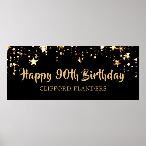 90th Birthday Modern Black Gold Stars Name Poster