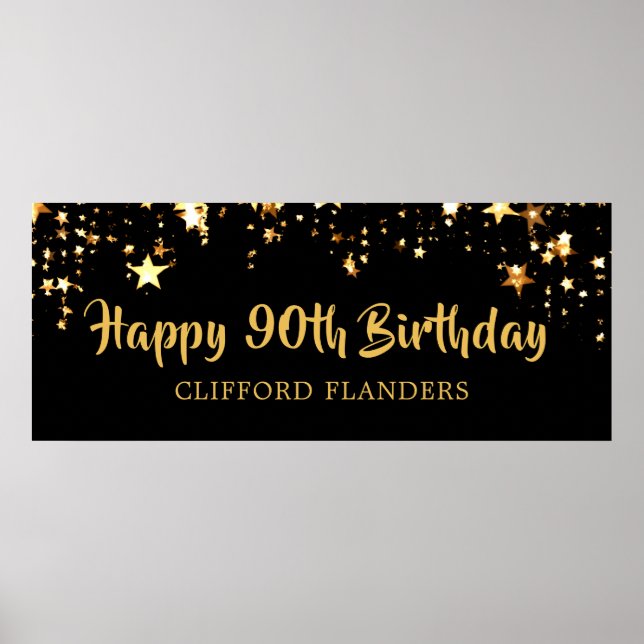 90th Birthday Modern Black Gold Stars Name Poster (Front)