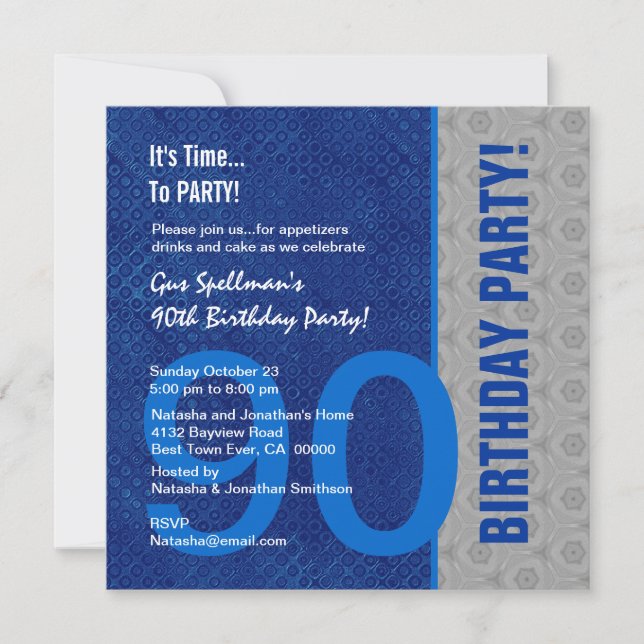 90th Birthday Modern Blue and Silver S306 Invitation (Front)