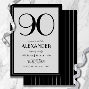 90th Birthday Modern Minimalist Mens Black Gray Invitation