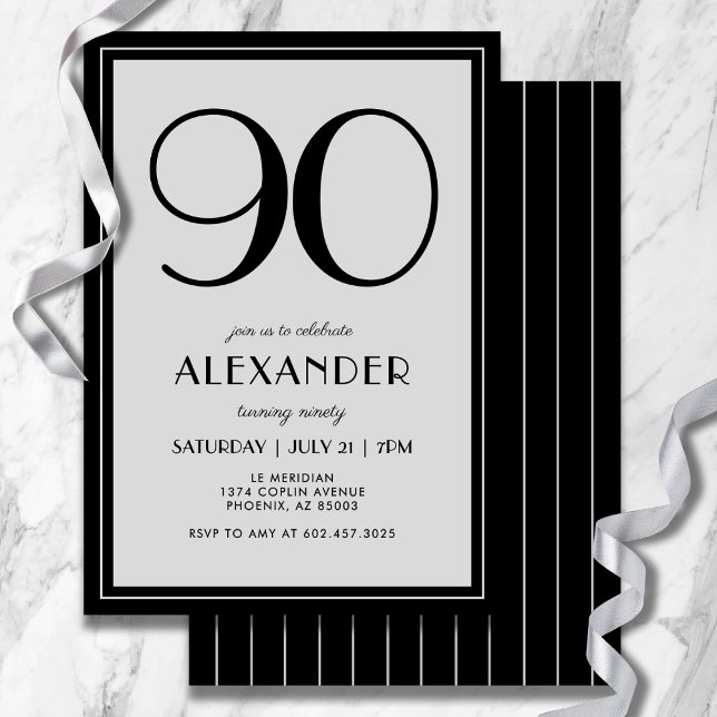 90th Birthday Modern Minimalist Mens Black Gray Invitation (Modern black and light gray design—minimal, bold, and effortlessly stylish.)