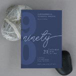 90th Birthday Modern Minimalist Navy  Invitation<br><div class="desc">Celebrate a milestone birthday in style with this modern and minimalist 90th birthday invitation. Featuring a monochromatic navy design, this invitation is sure to make a statement. The sleek ninety script adds a touch of sophistication to the design. Perfect for a gender-neutral celebration, this simple yet stylish invitation is ideal...</div>