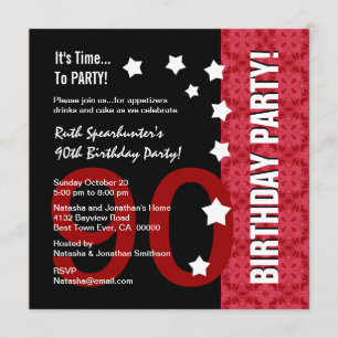 90th Birthday Modern Red and Black Funny D90A Invitation