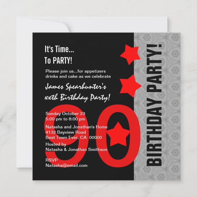 90th Birthday Modern Red Silver Black Funny A04A Invitation (Front)