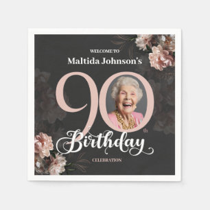 90th Birthday Moody Floral Pink Custom Photo Napkins