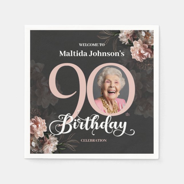 90th Birthday Moody Floral Pink Custom Photo Napkins (Front)