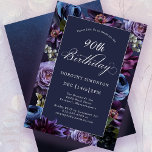 90th Birthday Moody Purple Flower Invitation<br><div class="desc">Moody purple flowers create a lush border on this 90th birthday party invitation. Pops of dusty blue and ivory white add to the floral display. A dark background adds to the mood and makes the white text pop. Traditional calligraphy script gives it an elegant vibe. Except for the word birthday,...</div>