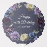 90th Birthday Moody Purple Flower Personalized Balloon<br><div class="desc">Moody and mysterious purple roses and peonies set the tone for this elegant 90th birthday balloon. White and blue flowers add a pop of color to the dark watercolor wreath. Happy 90th Birthday and the birthday celebrant's name are in the center. The bright white script gives it an elegant and...</div>